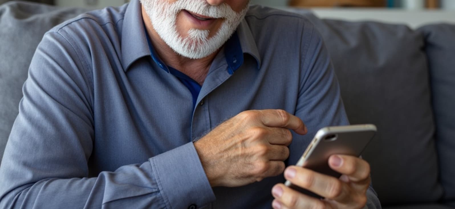 Jim is sitting in his living room and looking at the telephone